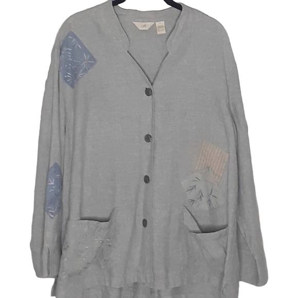 J. Jill 100% Linen Jacket Swing Gray Embroidered Patchwork Size Medium - Picture 1 of 11